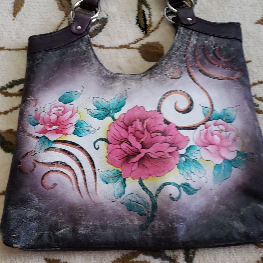 Painted Leather Shoulder Bag/Purse Rose Floral Design Purple Brown Leather